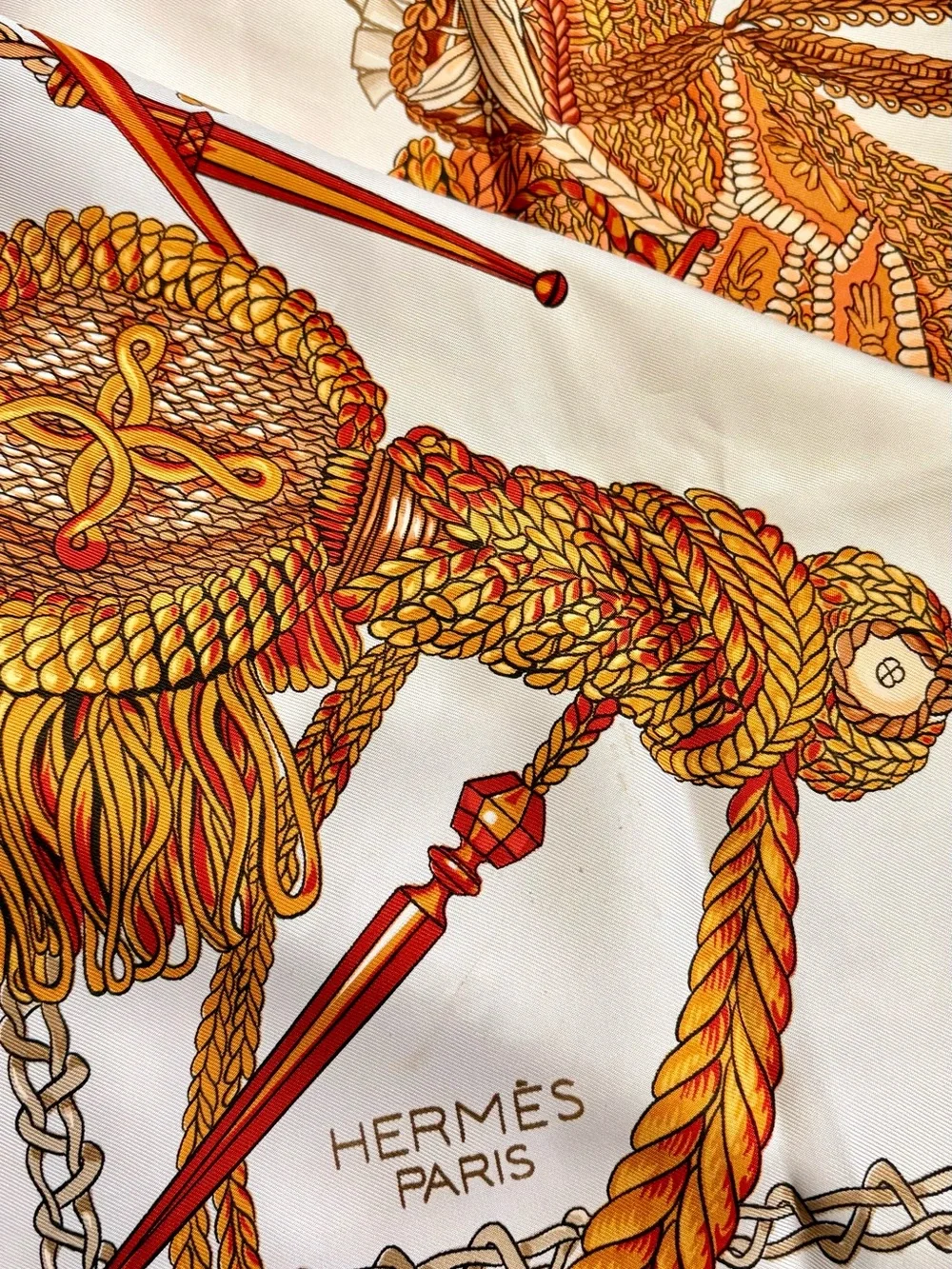 Hermes Gold, White, and Brown Equestrian Silk Scarf Classic